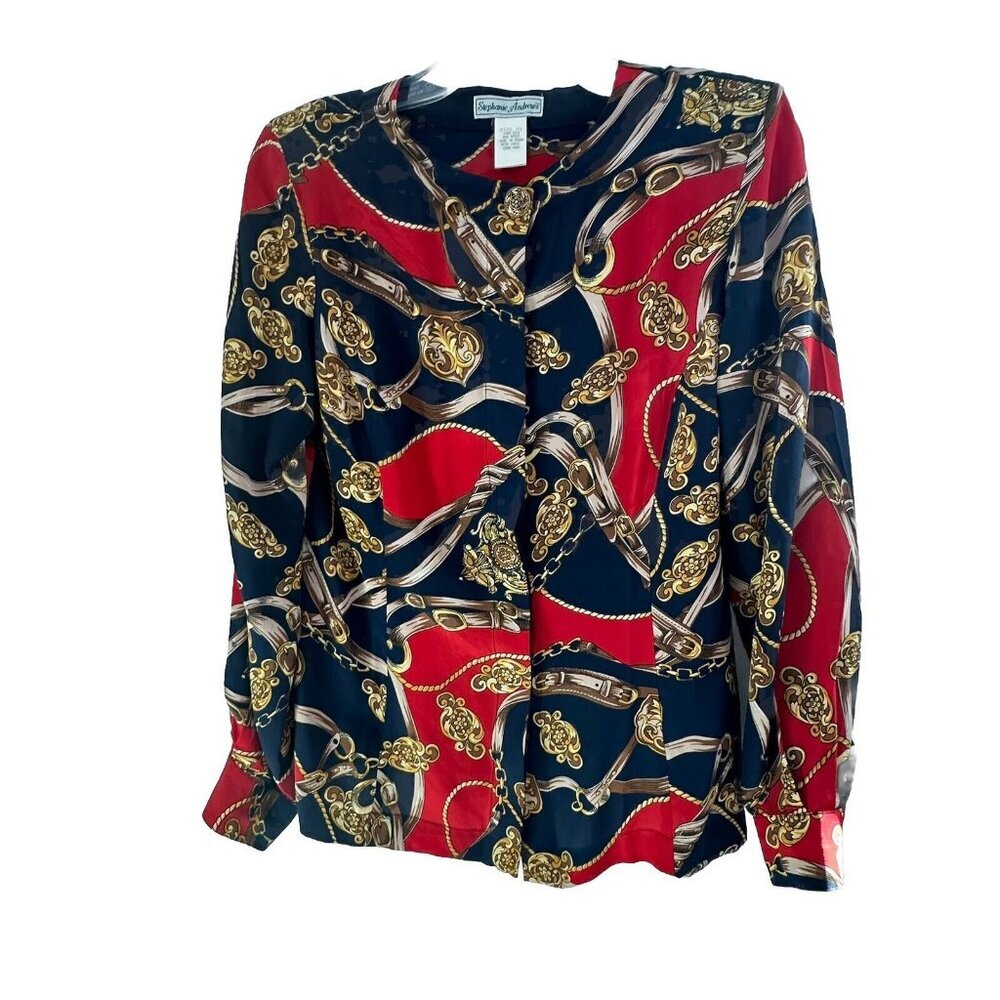 Vtg Stephanie Andrews 100% Silk Navy Red Button Dwn Blouse XS Corpcore Old Money